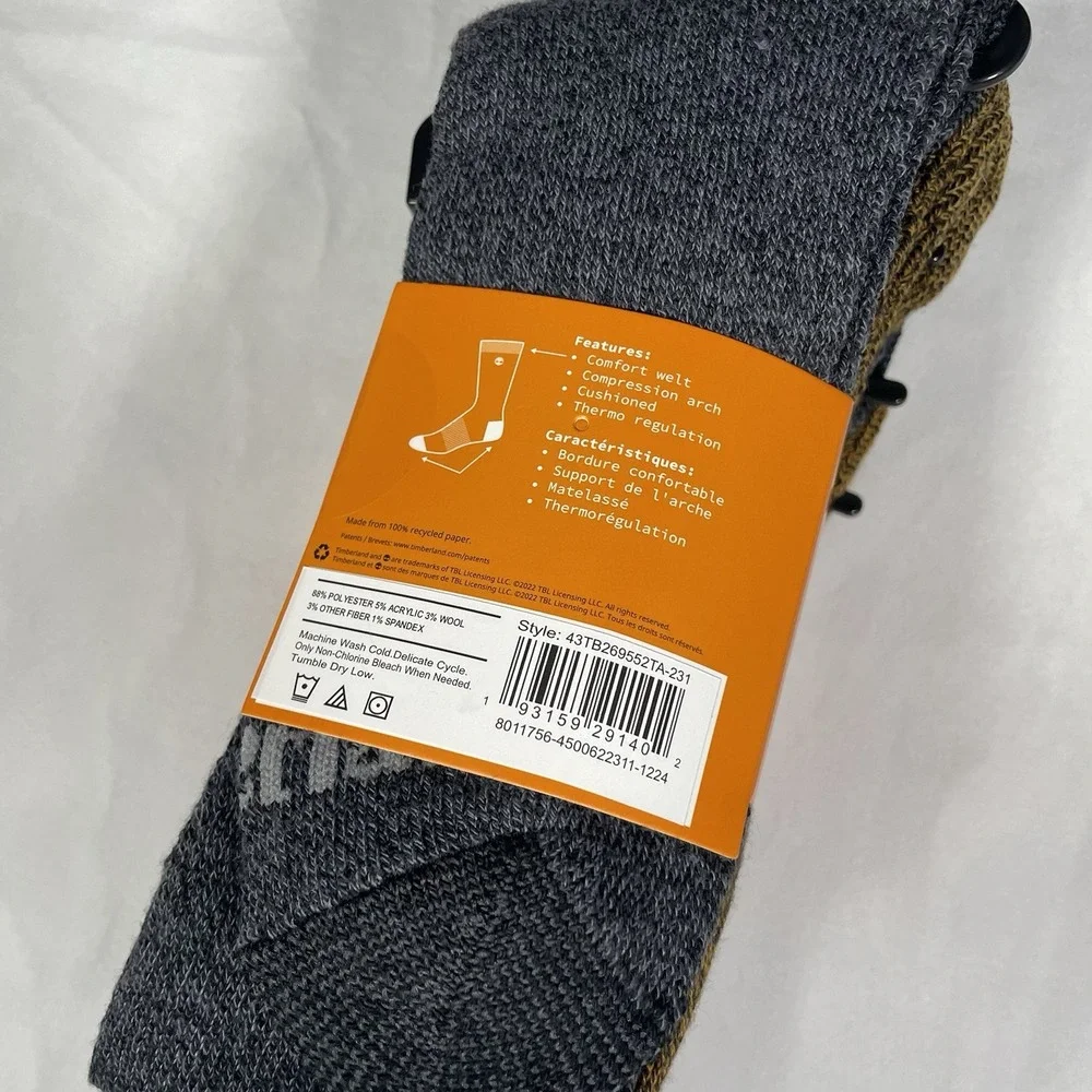 Timberland Cushioned Boot Socks 4 Pairs Wool Blend Men's Brown Gray OSFM